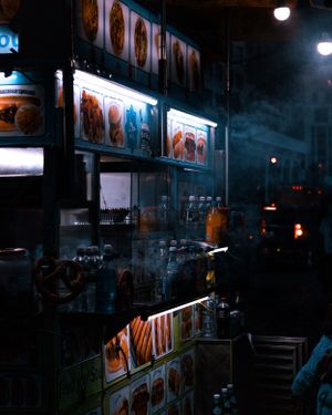 Dark nighttime view of illuminated storefront signs and displays.