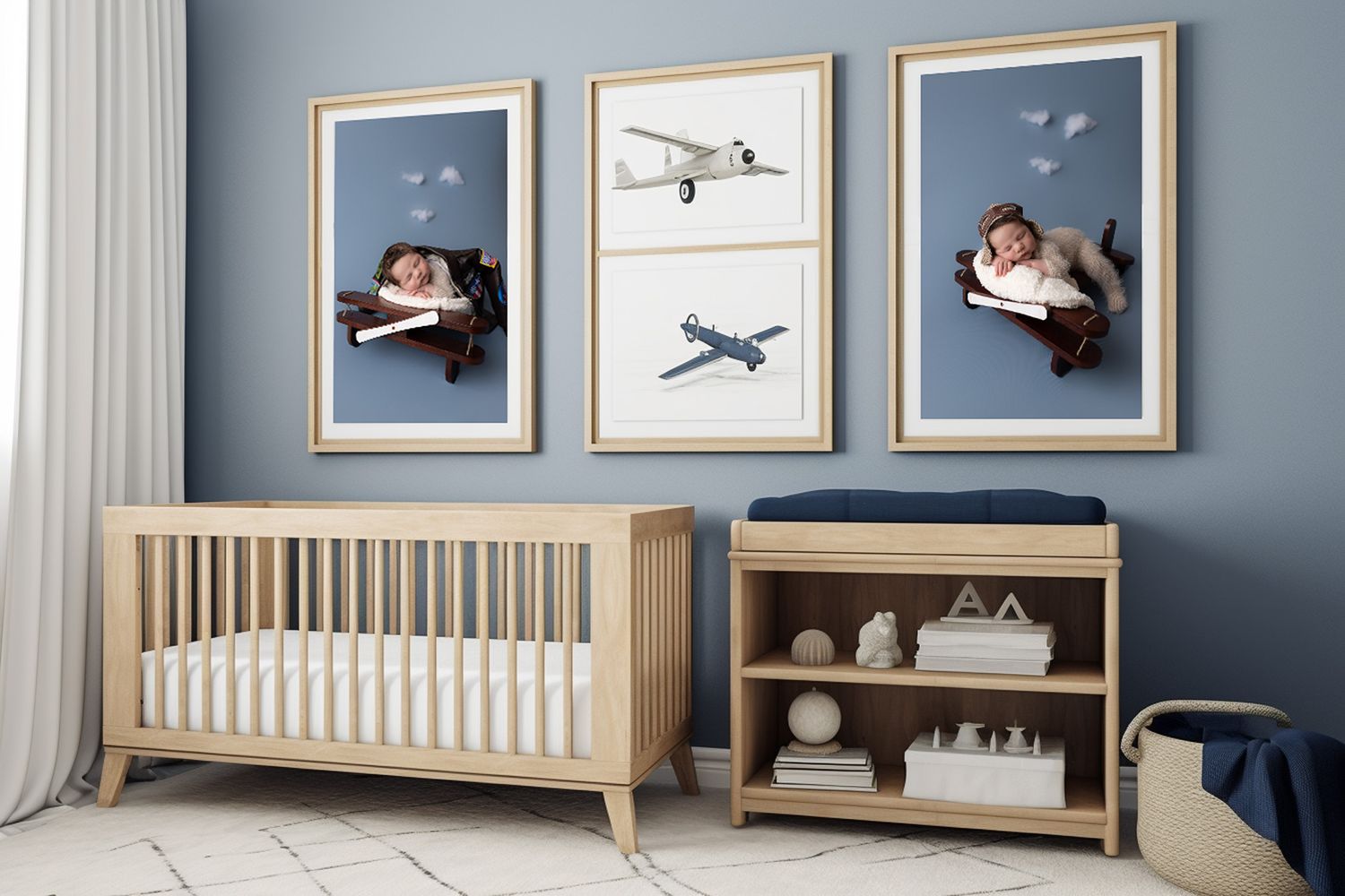 Aviation-themed nursery with framed airplane art and sleeping figures on blue walls, featuring modern wooden furniture.