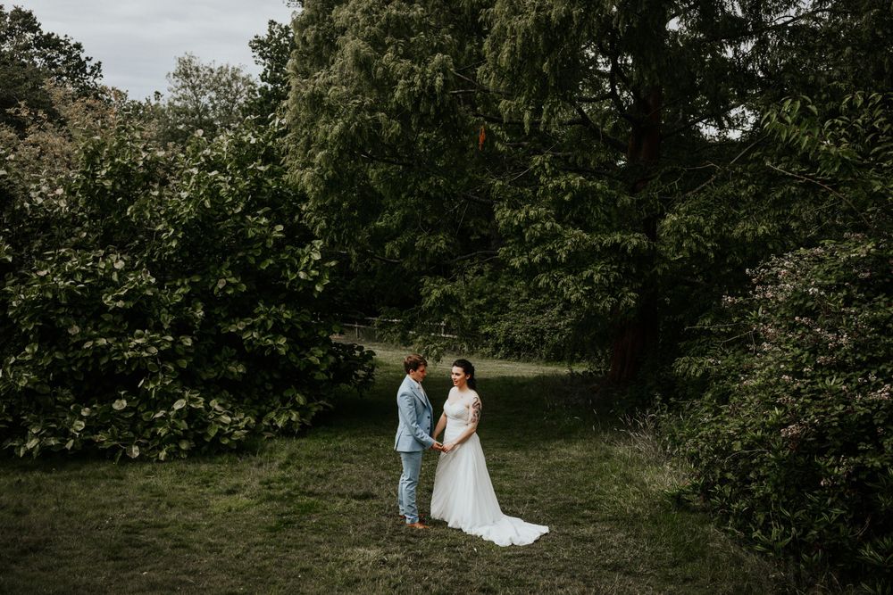 Two brides wedding portraits outside  at Ufton Court