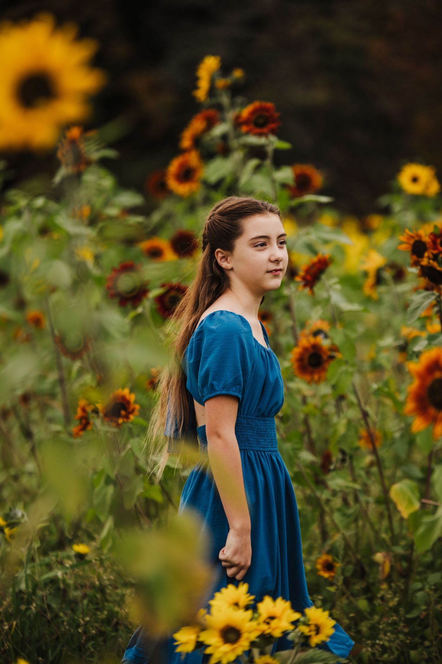 Young girl in teal dress standing among vibrant sunflowers in a field, looking over her shoulder.