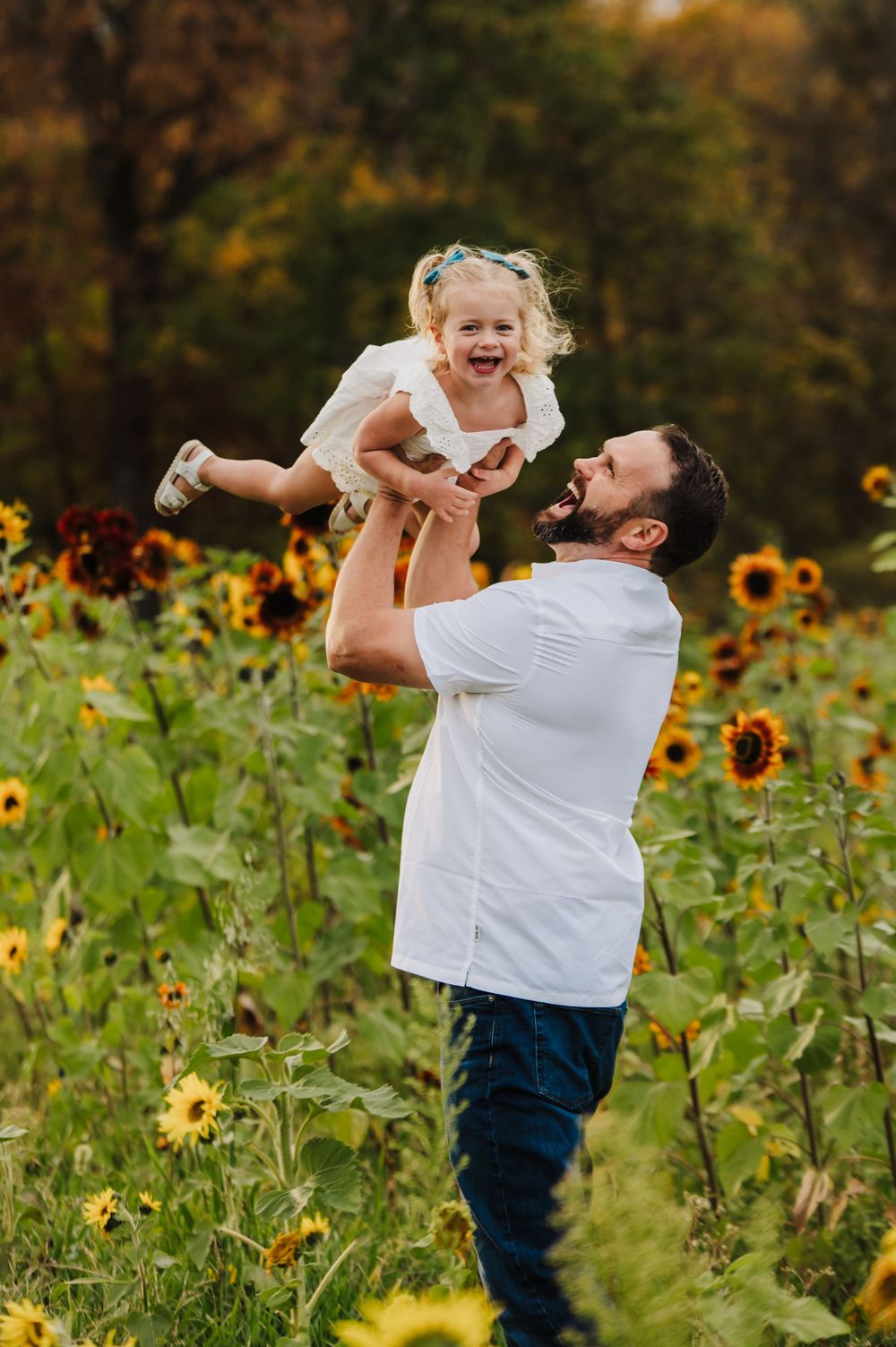 Father joyfully lifting laughing toddler girl in sunflower field during autumn family photo session.