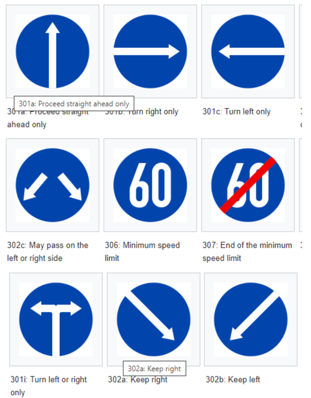 Set of mandatory blue circular road signs including directional arrows, speed limits, and turning instructions.