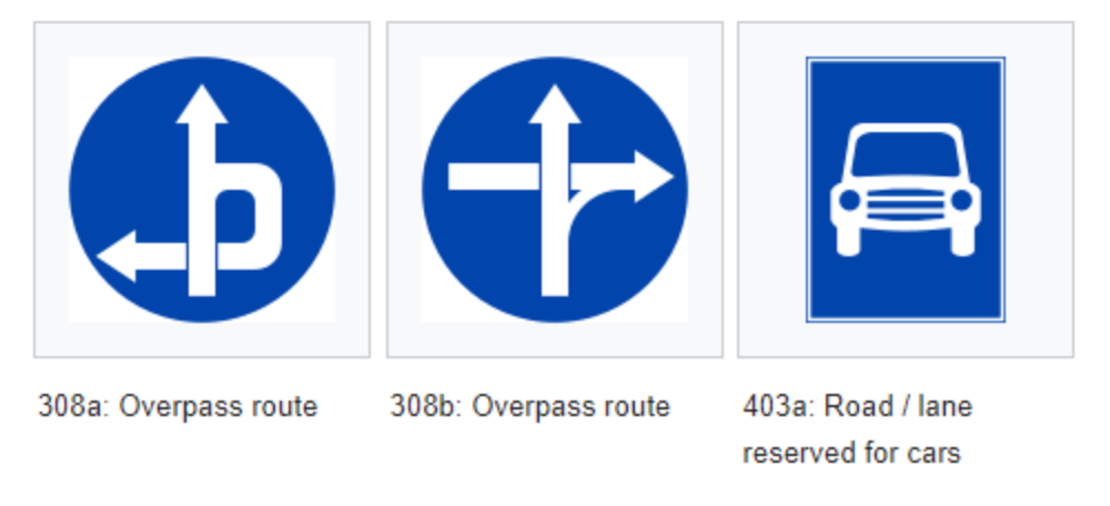 Traffic sign collection showing overpass route symbols and a lane reserved for cars on blue circular backgrounds.