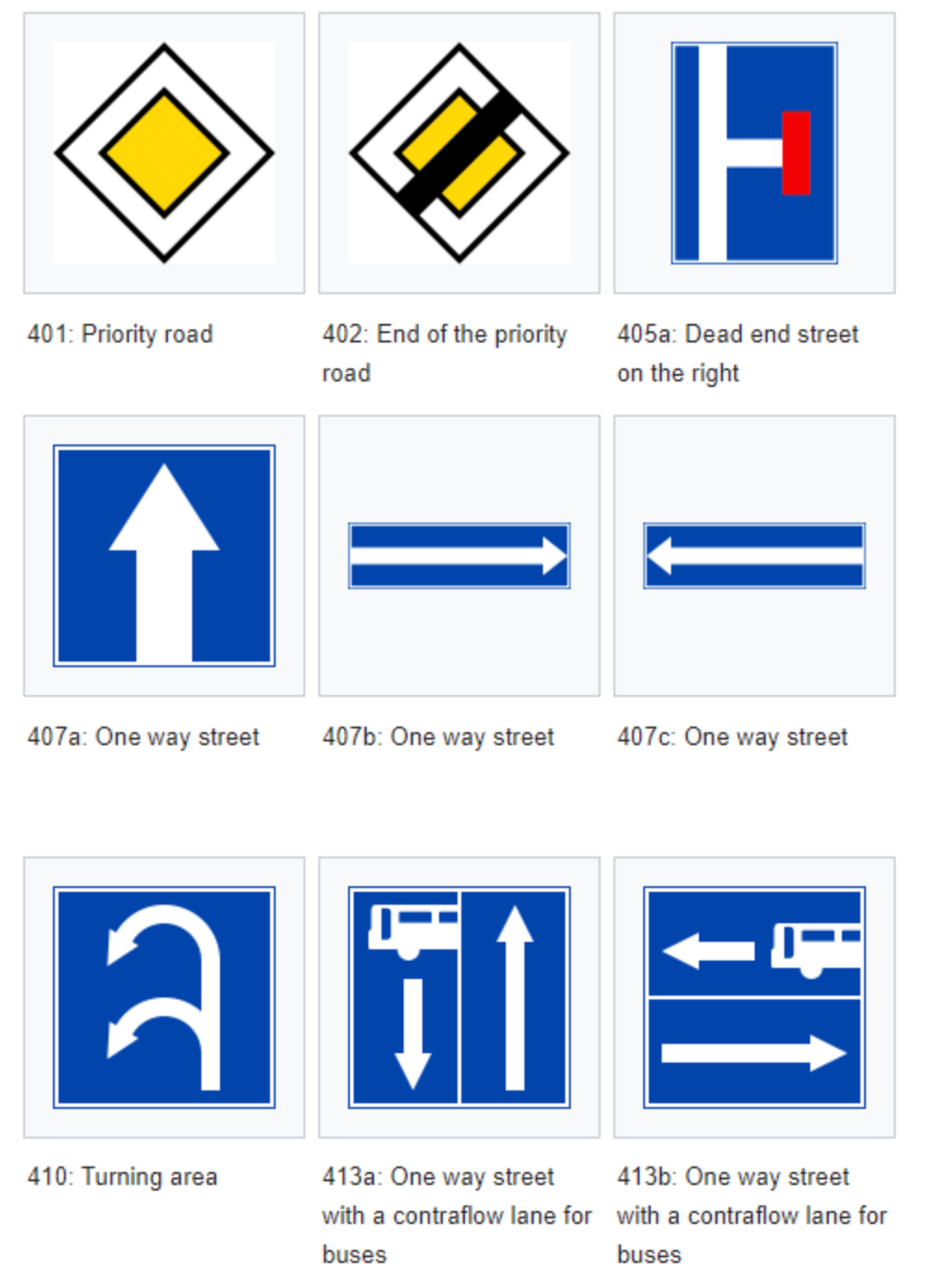 Collection of traffic signs including priority roads, one-way streets, and bus lane indicators in blue and yellow.
