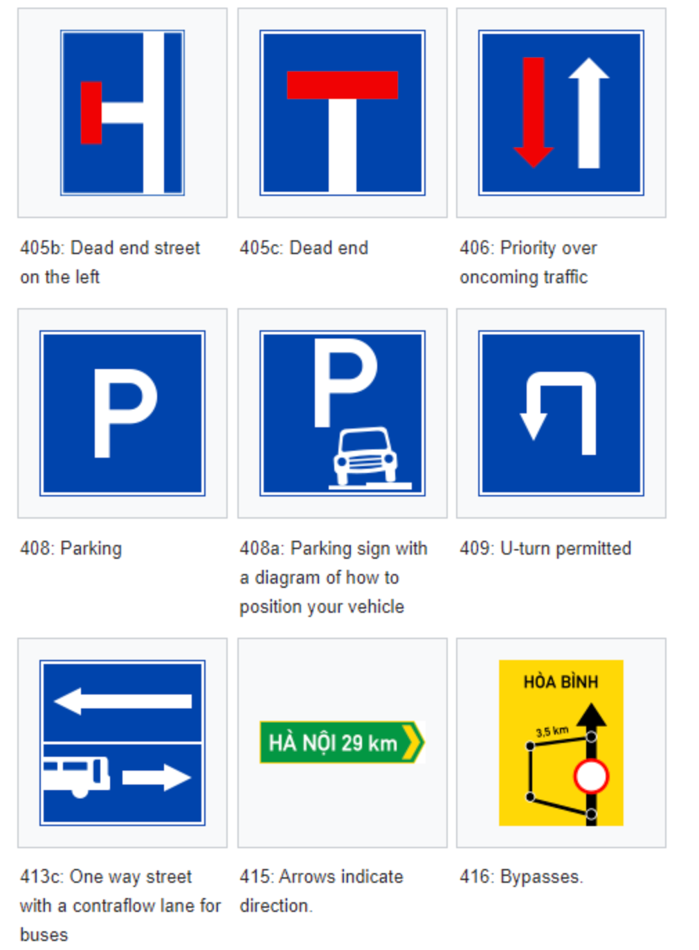 Collection of traffic signs showing dead ends, parking, U-turns, bus lanes, and directional signs in blue and yellow colors.