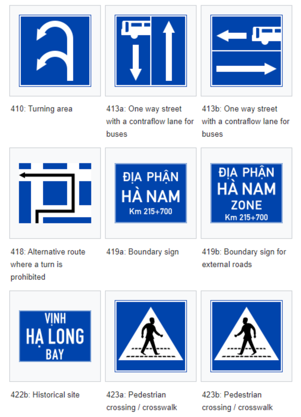 Collection of blue Vietnamese road signs showing turning areas, bus lanes, boundary markers, and pedestrian crossing warnings.