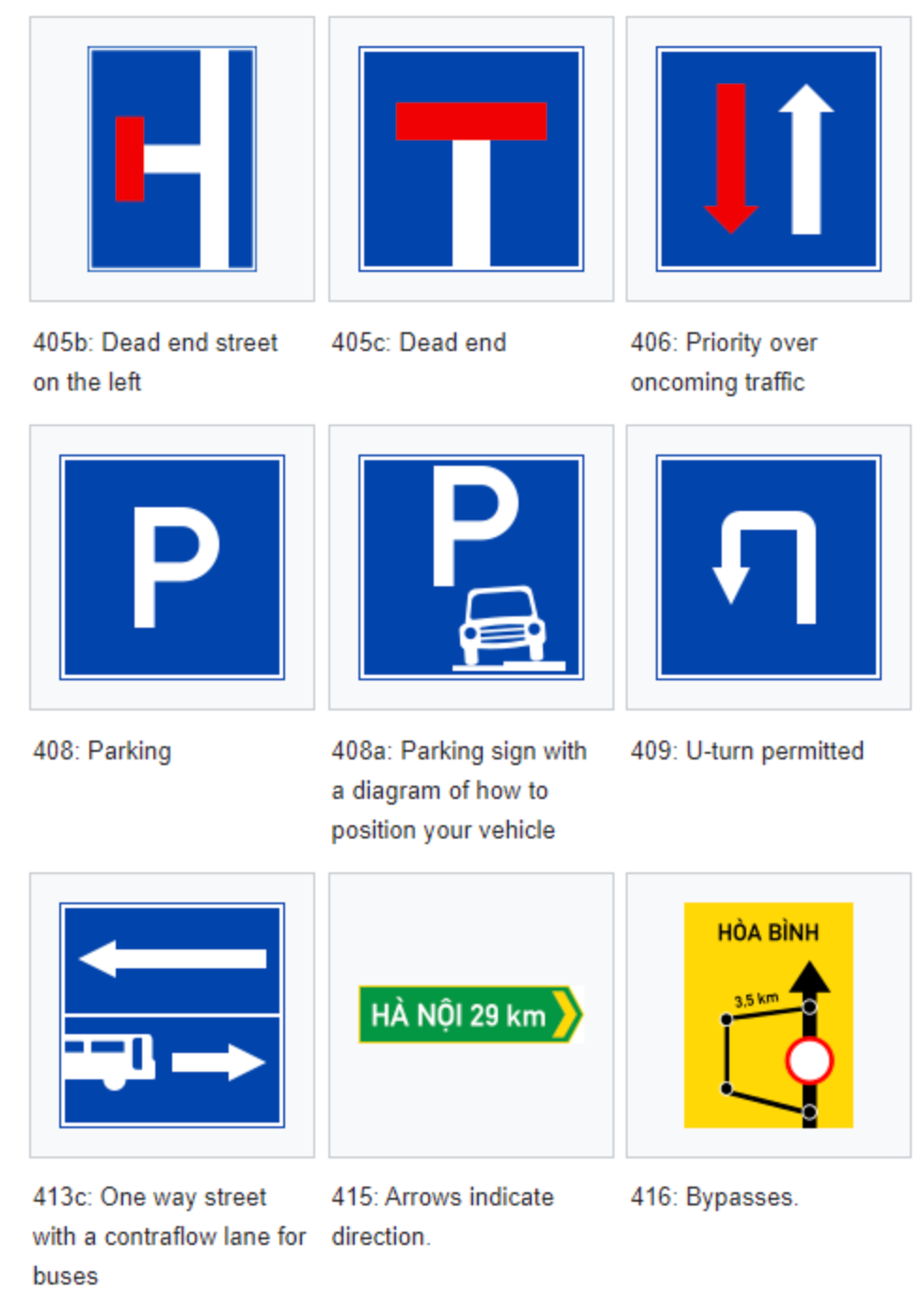 Group of road signs including parking, dead ends, priority traffic, and directional indicators in blue and yellow designs.