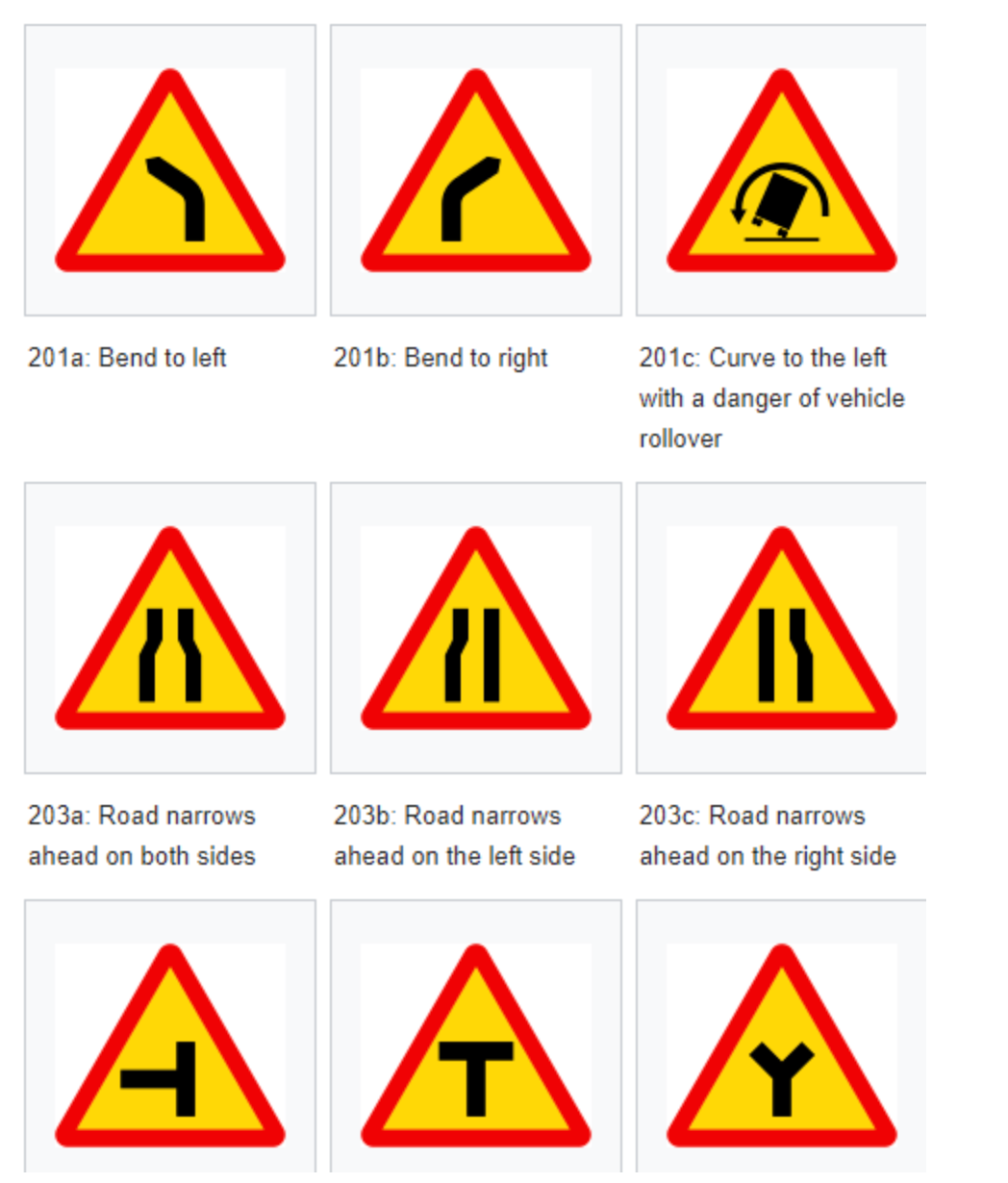 Set of nine triangular road warning signs showing curves, bends, road narrows, and T-junction indicators in red and yellow colors.