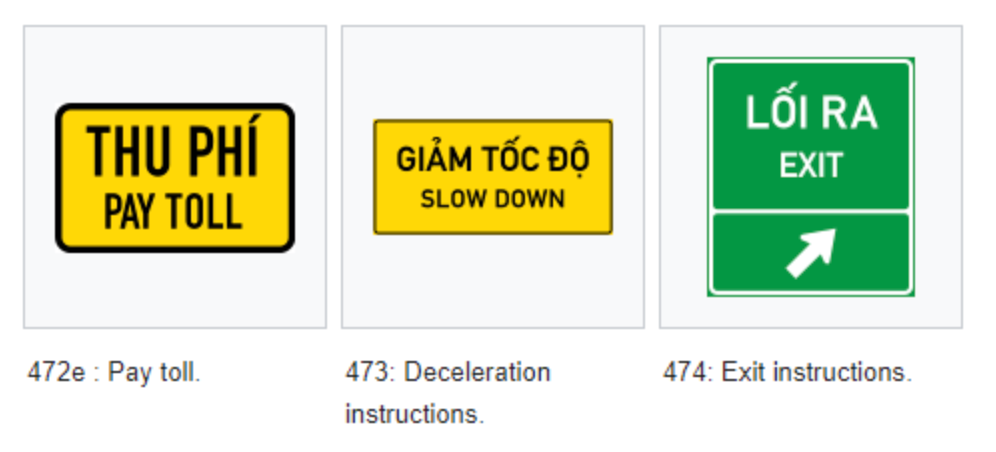 Three road signs including a yellow toll payment sign, a speed reduction warning, and a green exit sign with arrow.