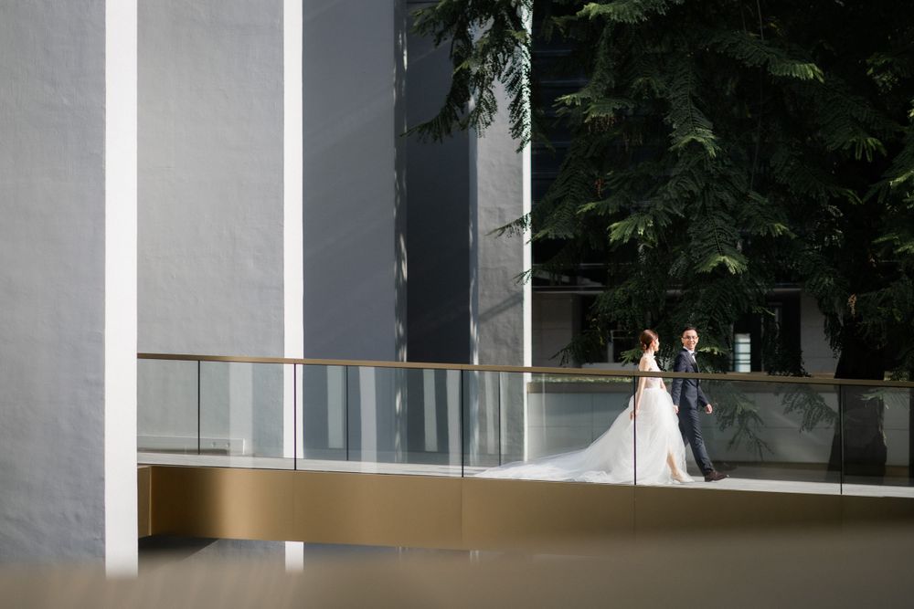 Bride and groom walk together on sunlit outdoor terrace beside lush green trees.