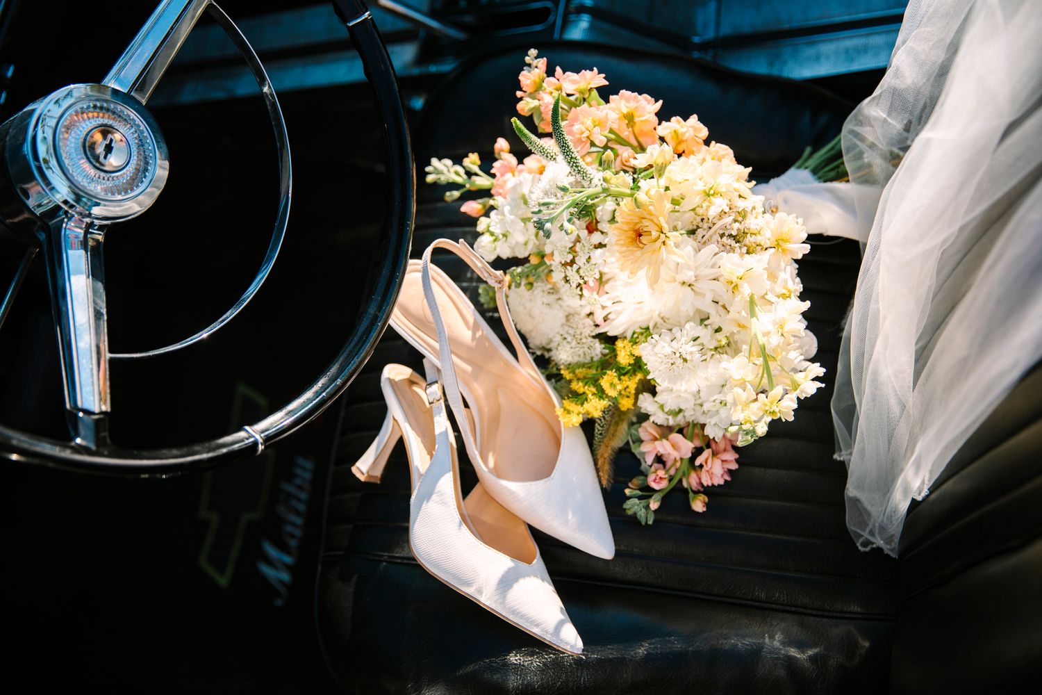 A row of wedding moments showing dancing, cake cutting, and floral bouquets at an elegant celebration.