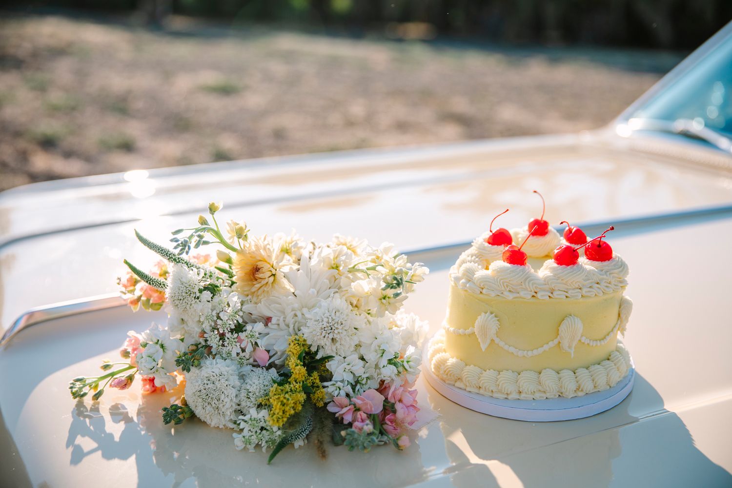 A series of wedding reception photos featuring white cakes, floral arrangements, and outdoor party decor.