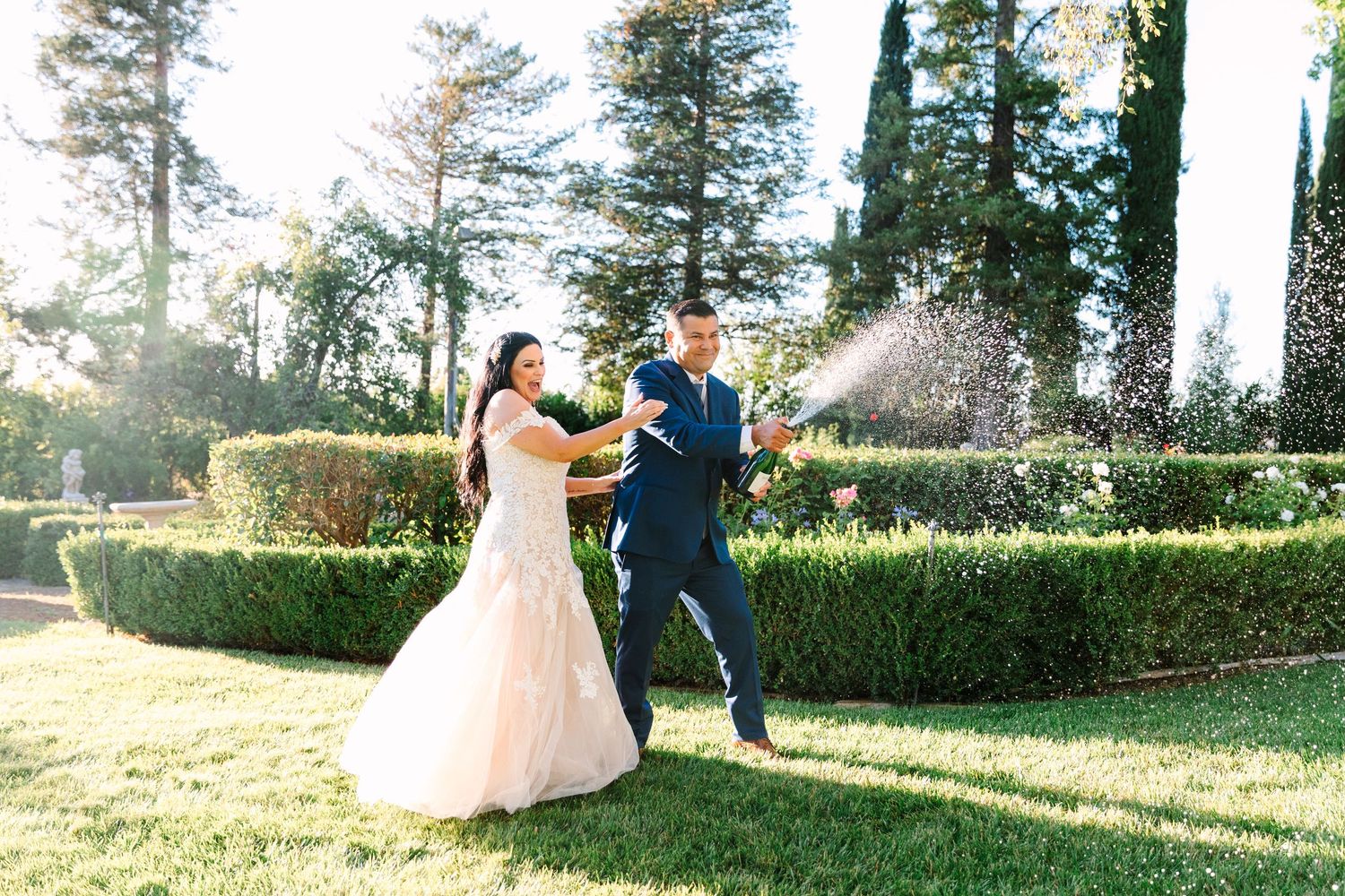 Elegant outdoor wedding photoshoot sequence showing couple dancing and embracing in a sunlit garden setting.