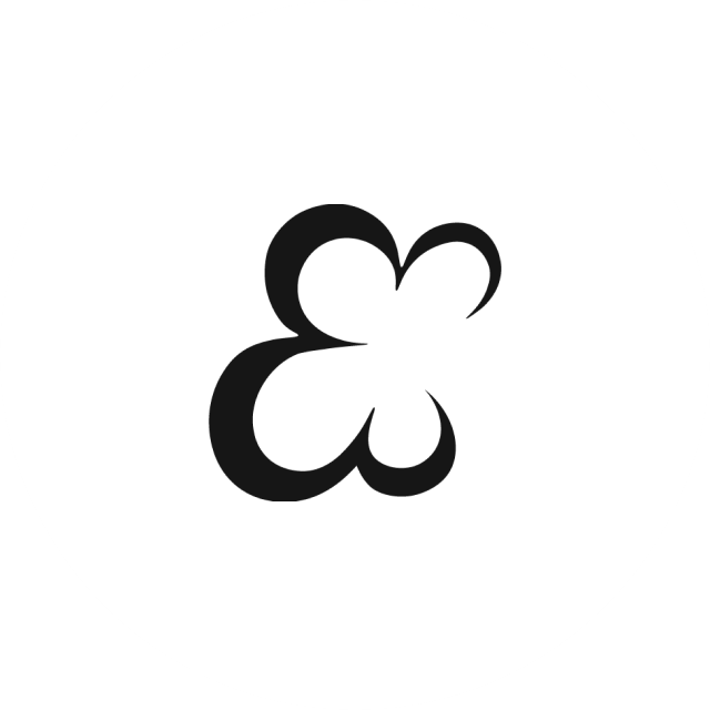 Black stylized clover or butterfly shape logo design on white circular background.