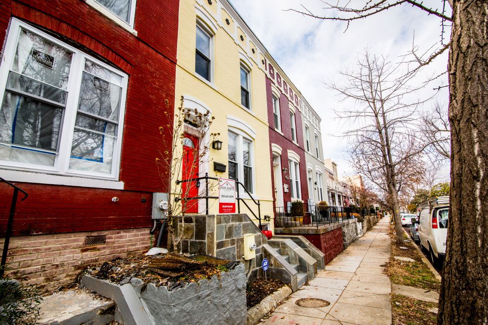 Colorful row houses with brick facades and front stoops along a tree-lined street.