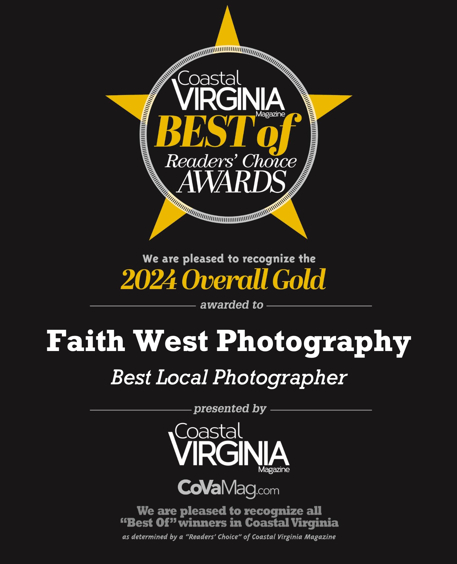 Coastal Virginia magazine's 2024 Best of Readers' Choice Award gold star logo for Best Local Photographer achievement.