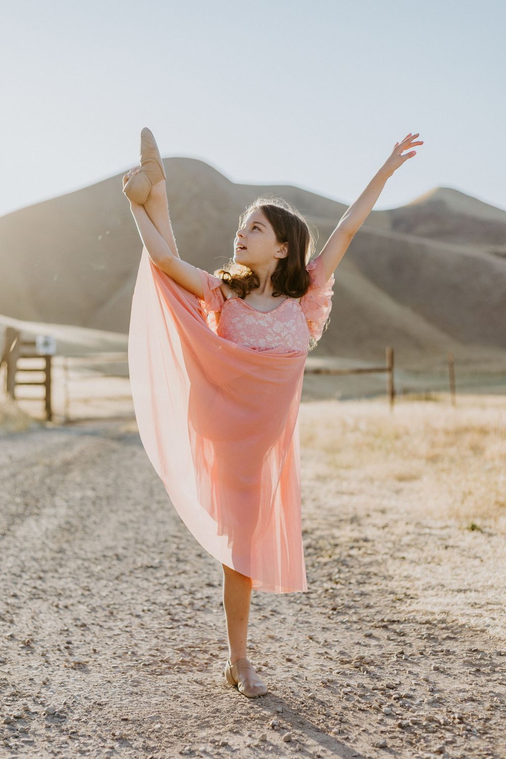 A graceful ballerina in a pink dress dances outdoors on a dirt path with mountains in the background.