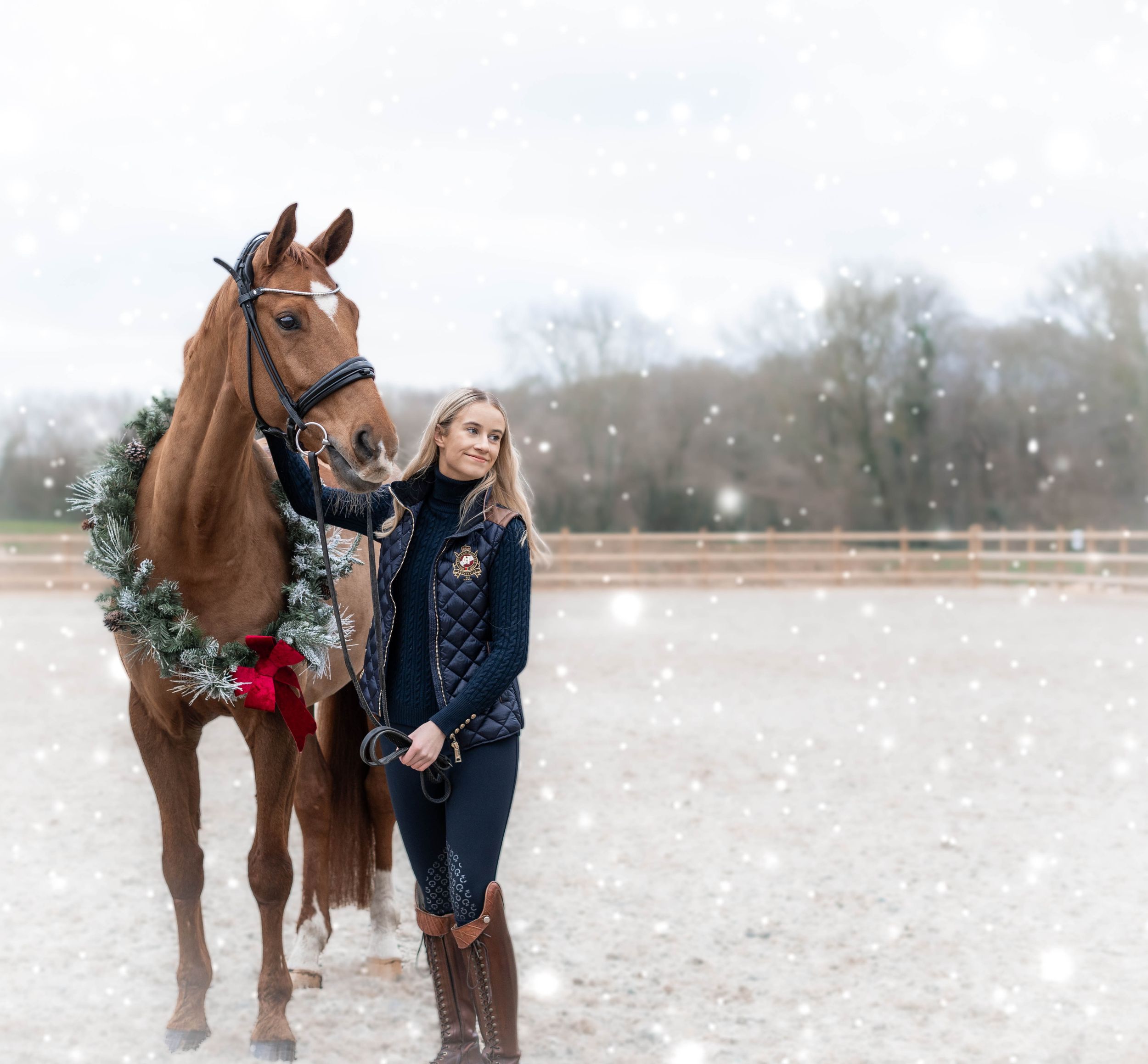 Horse with winter wreath standing in snowy field during winter photoshoot.