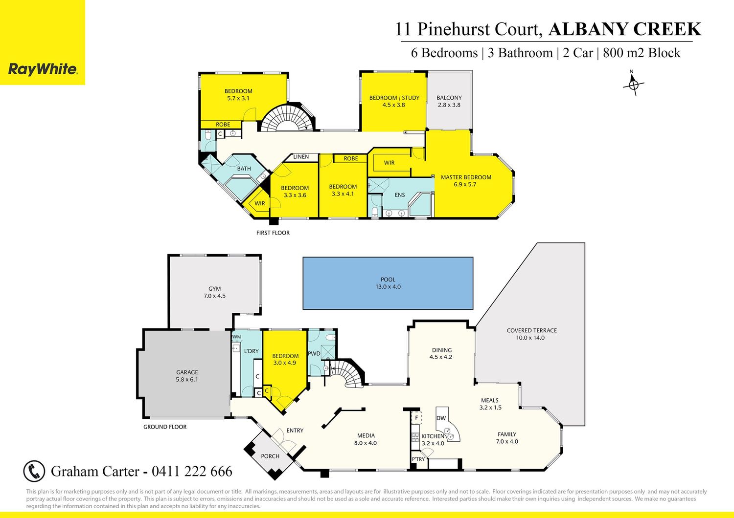Floor plan of a 6-bedroom, 3-bathroom home with pool at 11 Pinehurst Court, Albany Creek, 800sqm block.