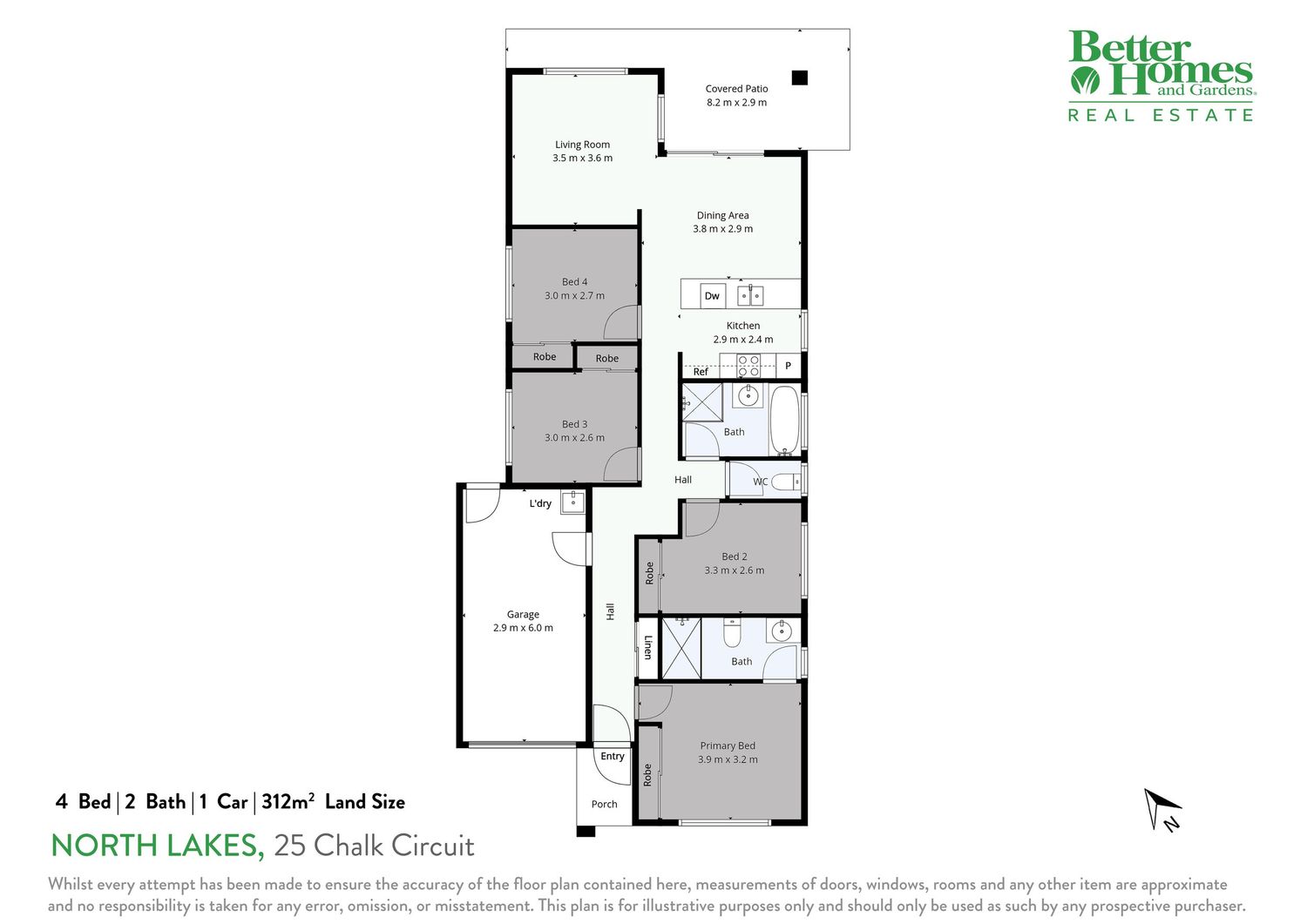 Narrow floor plan of a home in North Lakes, 4-bed 2-bath 1-car home on 312sqm land.