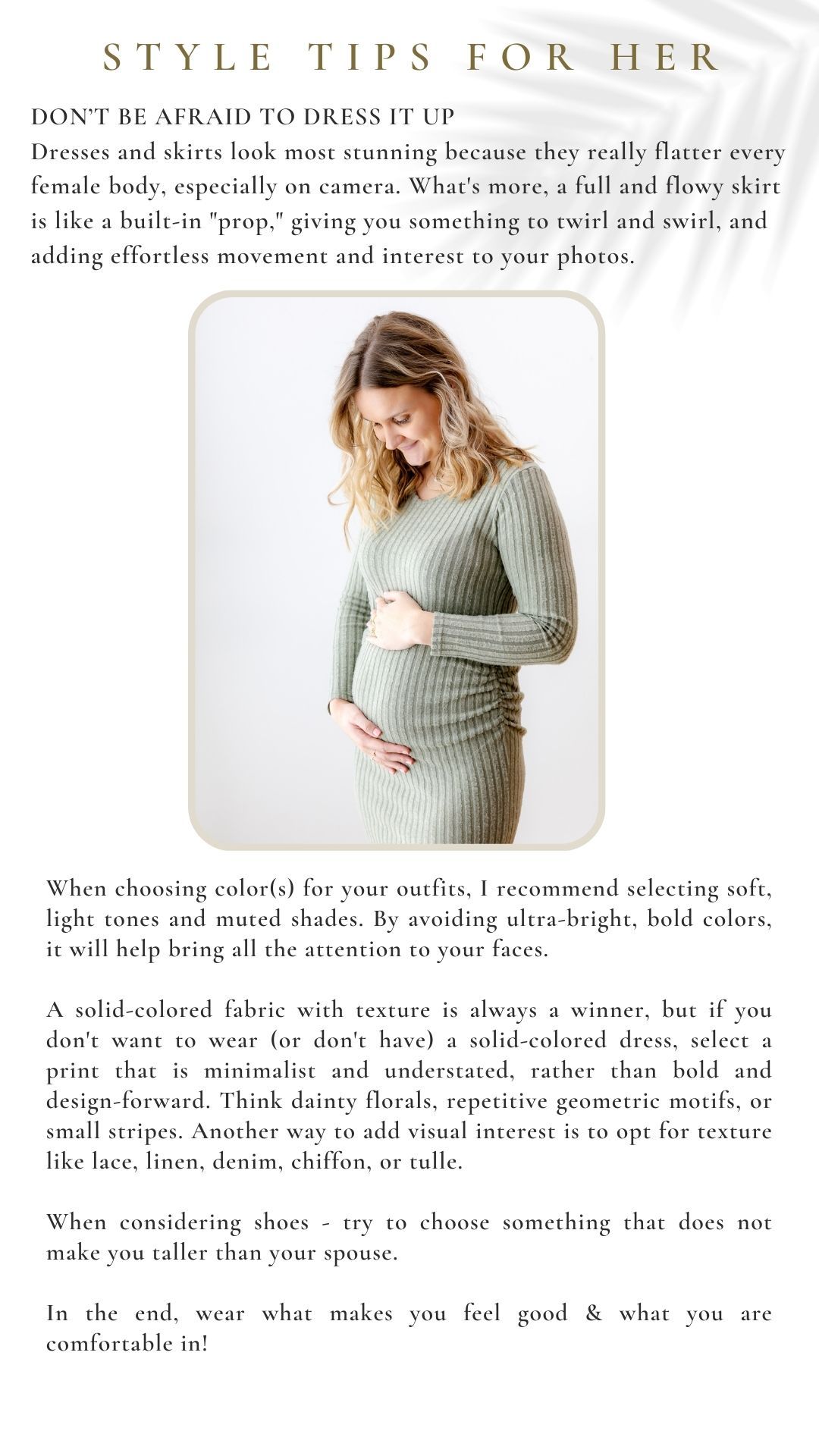 A style guide page showing fashion tips and outfit suggestions with soft neutral tones and flowy fabrics.
