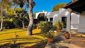 Mediterranean villa with white walls and terracotta roof surrounded by lush gardens and palm trees on a sunny day.