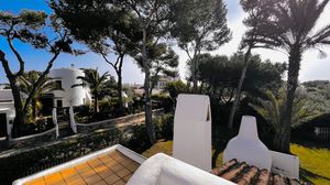 Panoramic view of a Mediterranean villa terrace with palm trees and blue sky in the background.