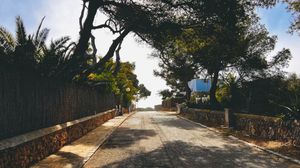 A panoramic view of a winding mountain road lined with palm trees and stone walls on a sunny day.