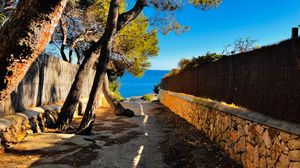A scenic winding mountain road curves along stone walls and cliffs with golden autumn trees overhead on a sunny day.