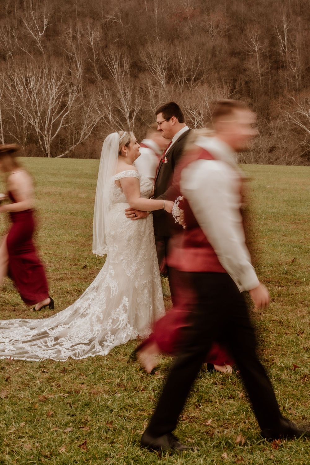 Motion-blur wedding photo sequence showing dancing and movement outdoors.