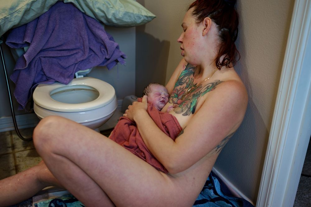 A collage of six photos showing someone sitting on a toilet while holding various items.