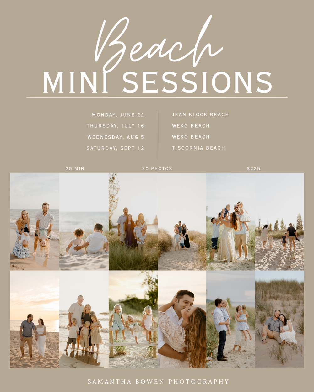 Photography trial sessions pricing menu with vintage signage design showing basic packages and rates in warm peach tones.