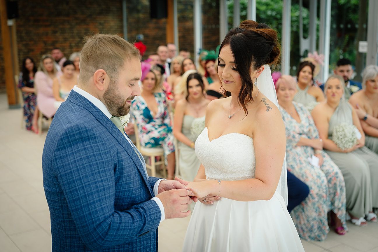 A series of wedding photos showing couples dancing and embracing at an outdoor reception venue.
