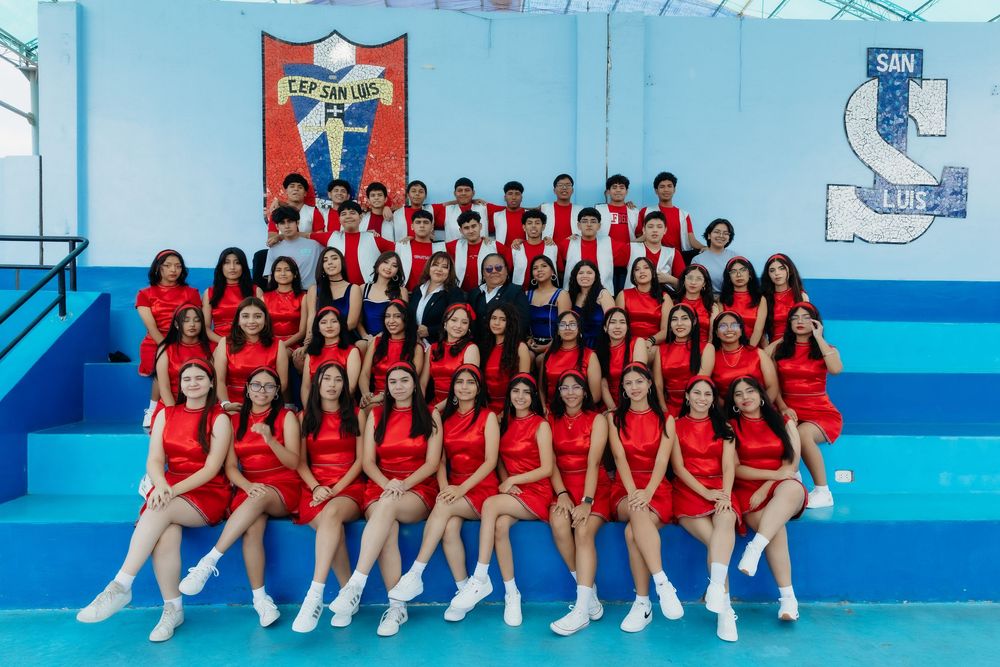 A series of five group photos showing people in red dresses seated in rows against a blue background.