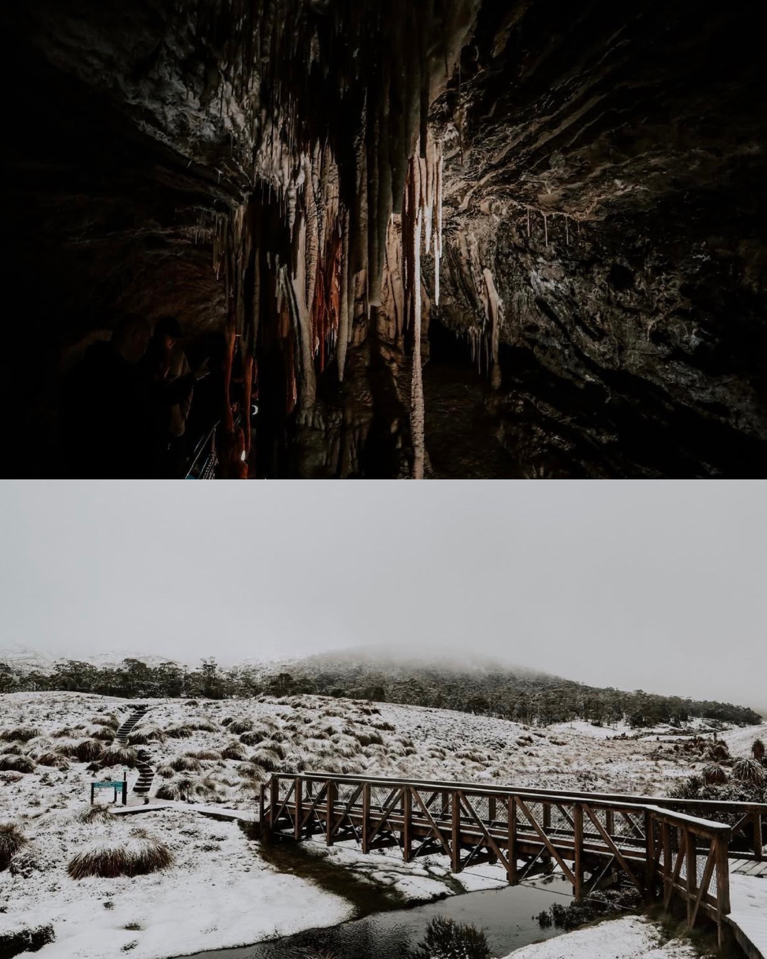 Dramatic underground cave formations with stalactites and stalagmites illuminated in moody lighting and snowy winter landscape.