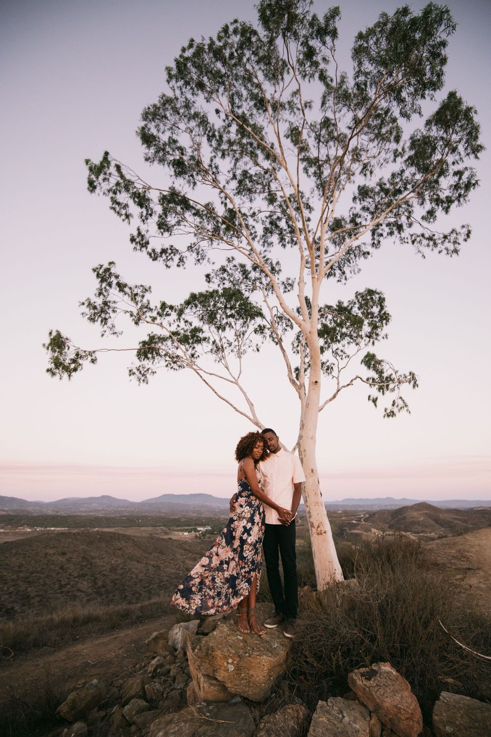 A romantic couple embraces under a tall eucalyptus tree on a rocky hilltop at sunset with scenic views.
