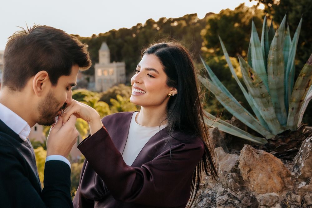 Emotional hug after yes Park Güell Barcelona Surprise proposal Barcelona BarcelonaLoversPH