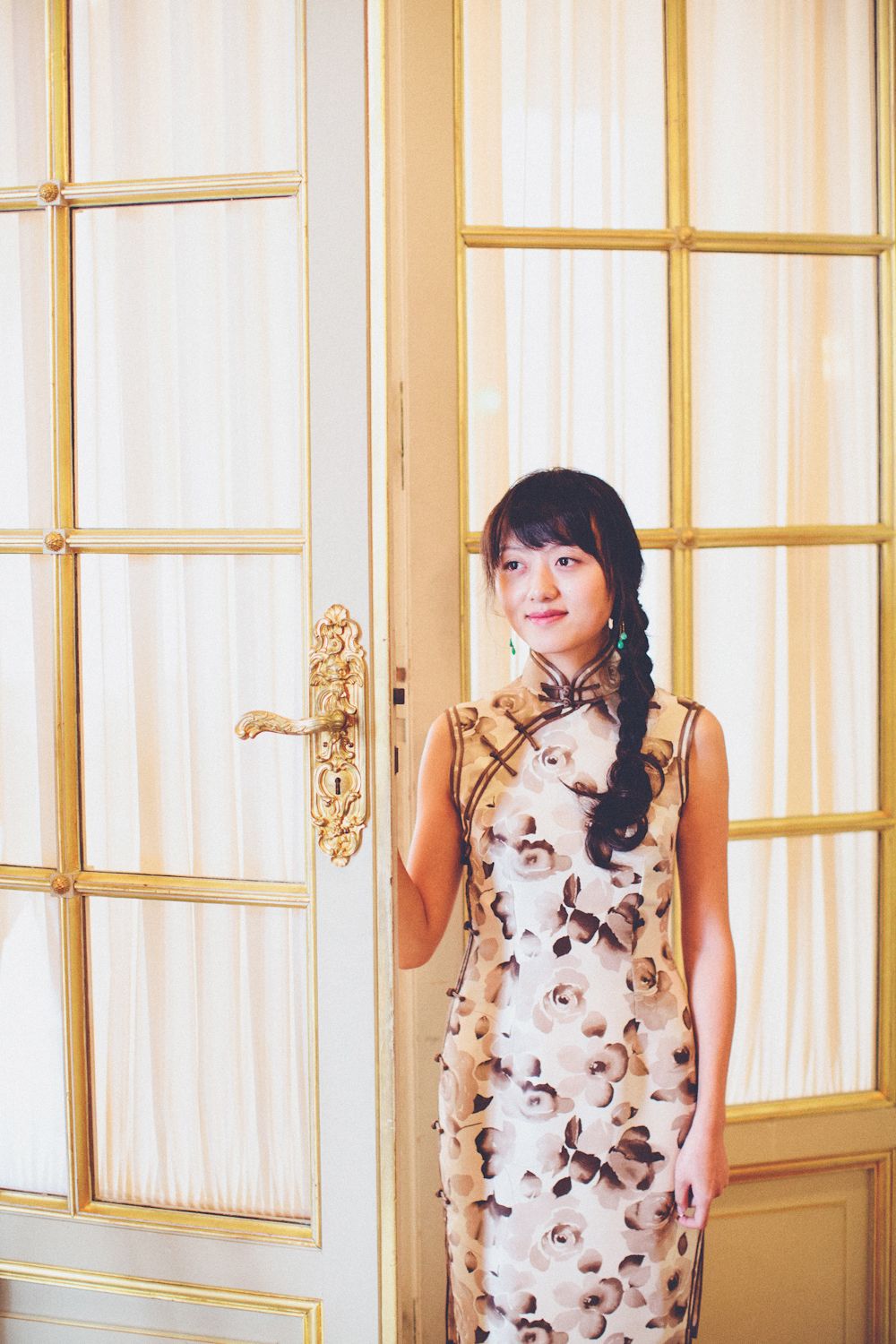 bride standing at door in shangri-la hotel in paris