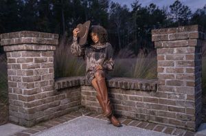 Outdoor portrait of a woman at Ashley River Park in Summerville, SC.