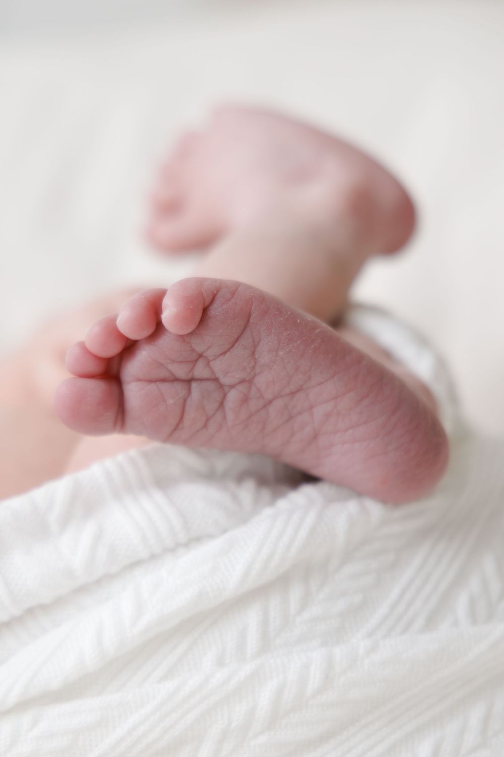 Close-up view of tiny newborn baby feet resting on soft white blanket in natural light.
