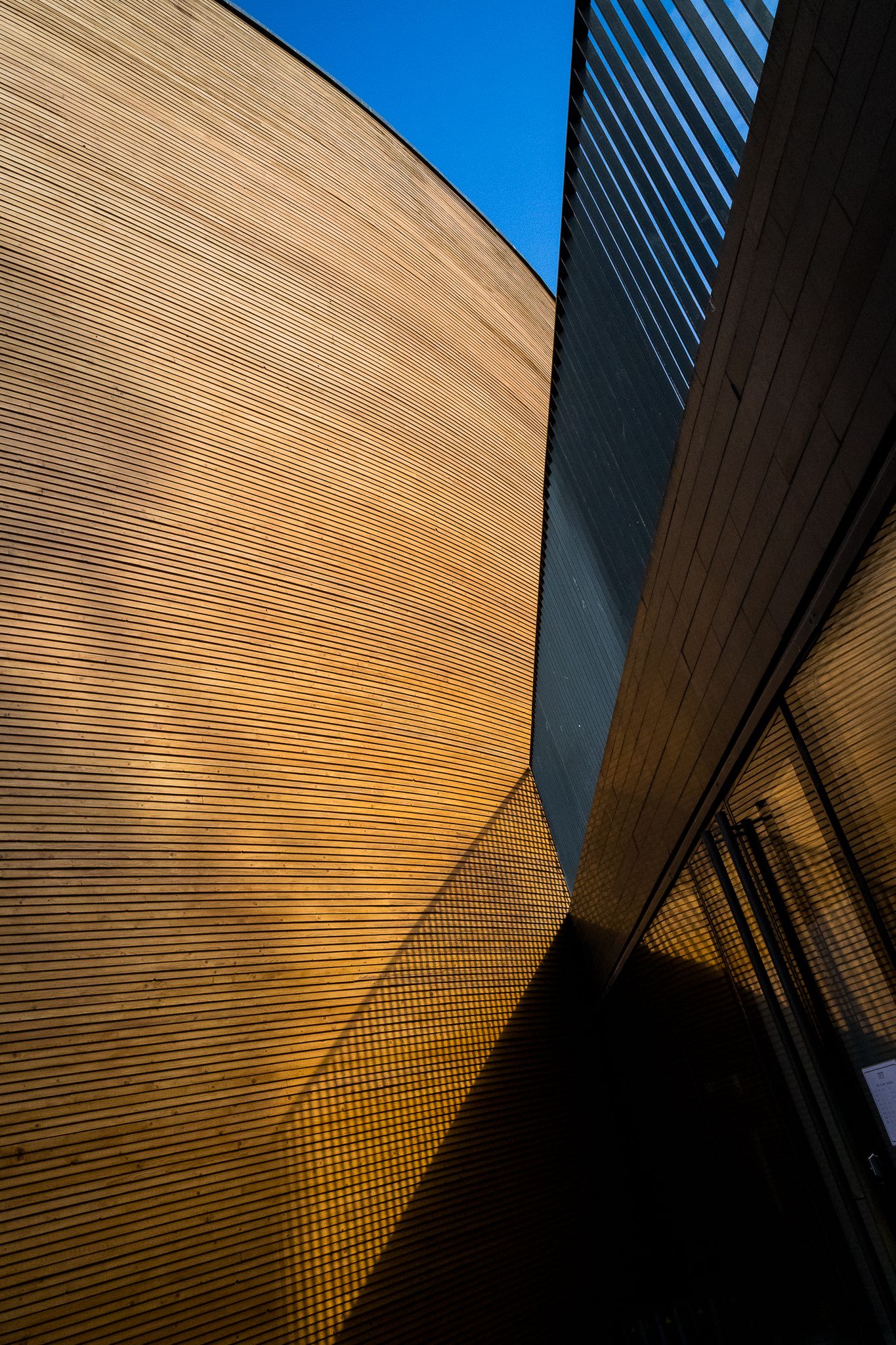 Abstract architectural detail of golden copper and perforated metal building facades in sunlight.