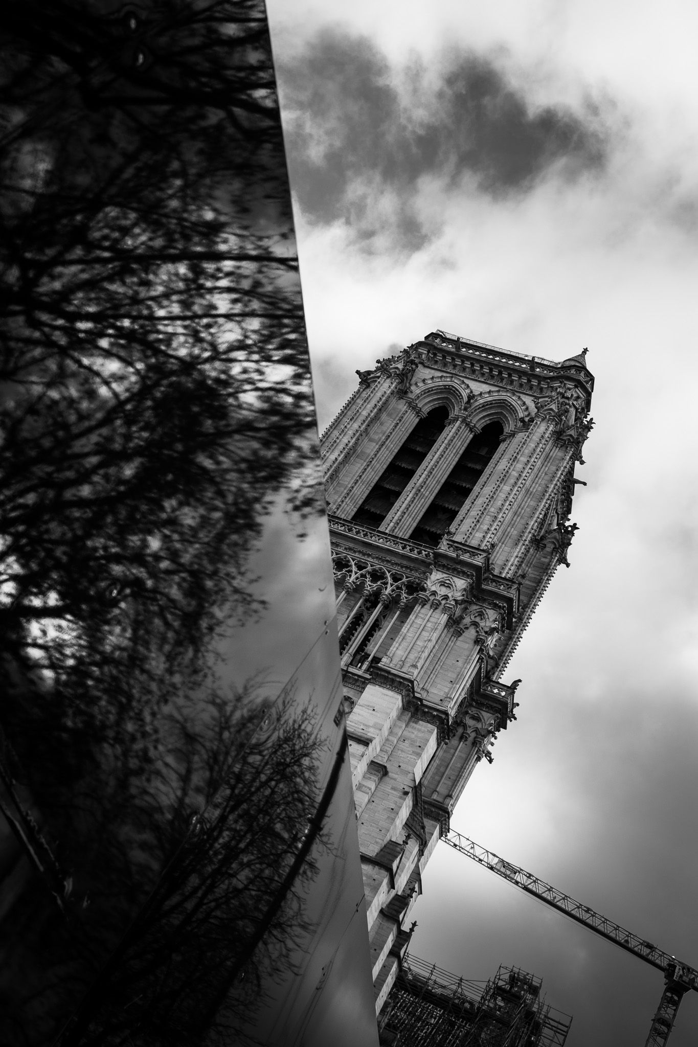 Black and white low-angle view of Notre-Dame Cathedral tower with construction crane in Paris.