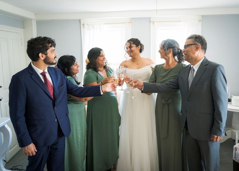 Wedding party toasting with champagne glasses indoors, bride in white gown surrounded by family in green dresses and suits.