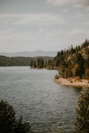 A panoramic view of a serene lake surrounded by evergreen forests and mountains in the distance.