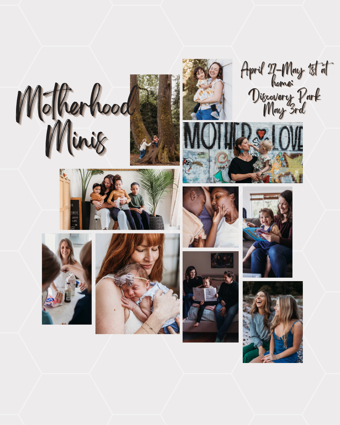 A collage of lifestyle photography showing intimate family moments and motherhood scenes arranged in a horizontal layout.
