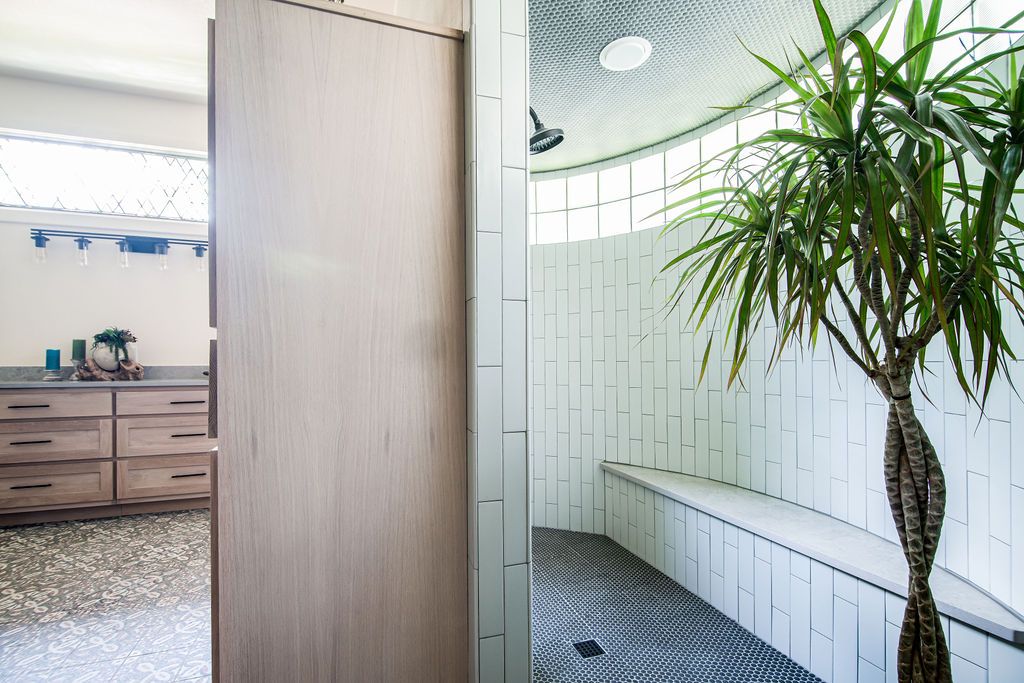 Modern shower space with curved white tile walls and tall potted palm plant adding natural elements.