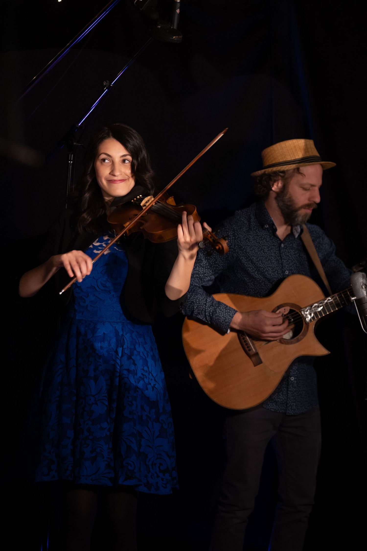 Brand photography session for musicians, woman playing violin and man playing guitar, North Vancouver