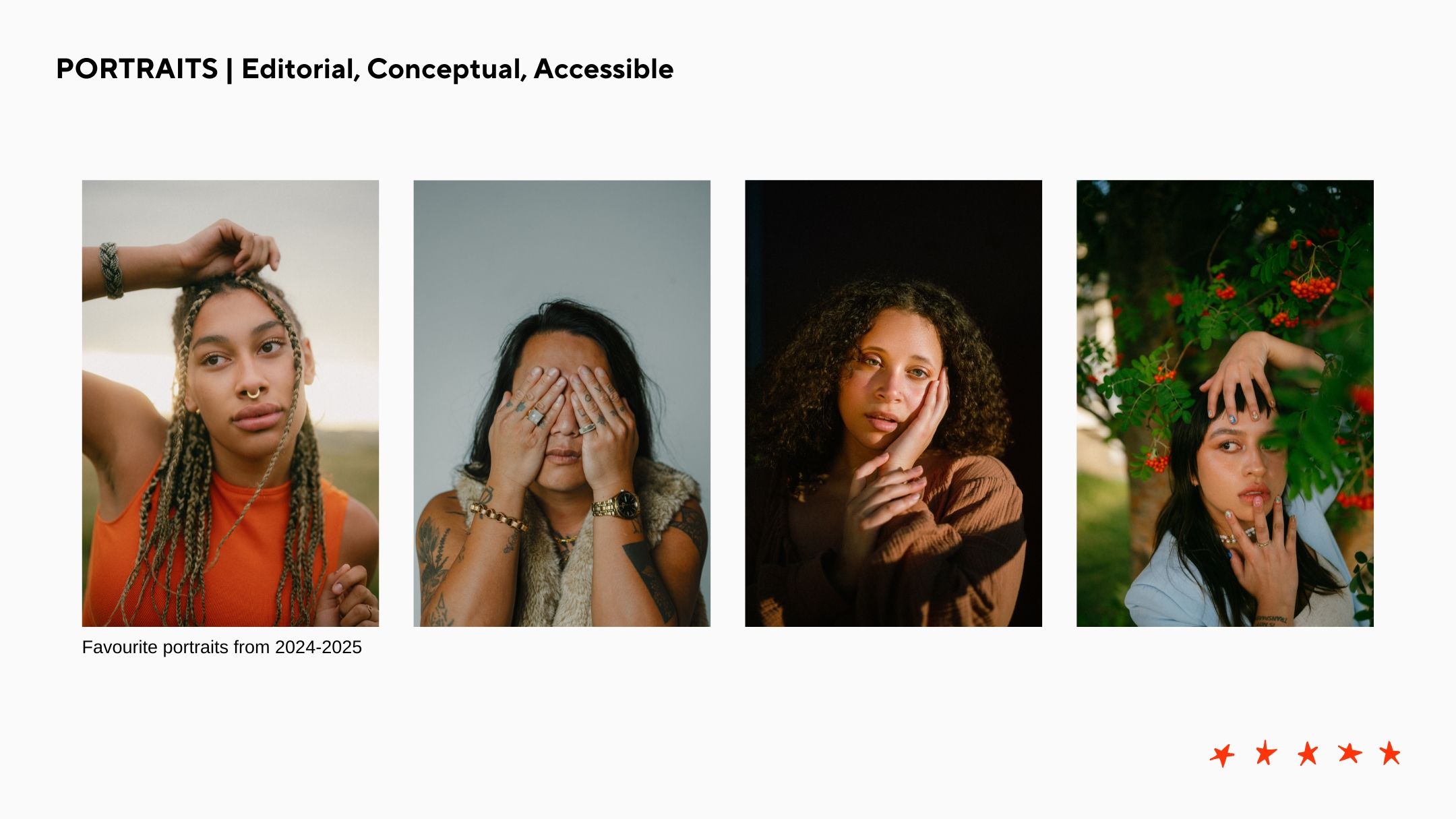 Four emotive portrait photographs showing different expressions and poses against neutral backgrounds.