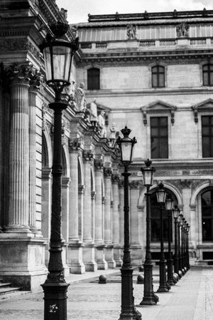 Classic architectural columns and ornate lampposts line a grand stone courtyard of a historic European building.