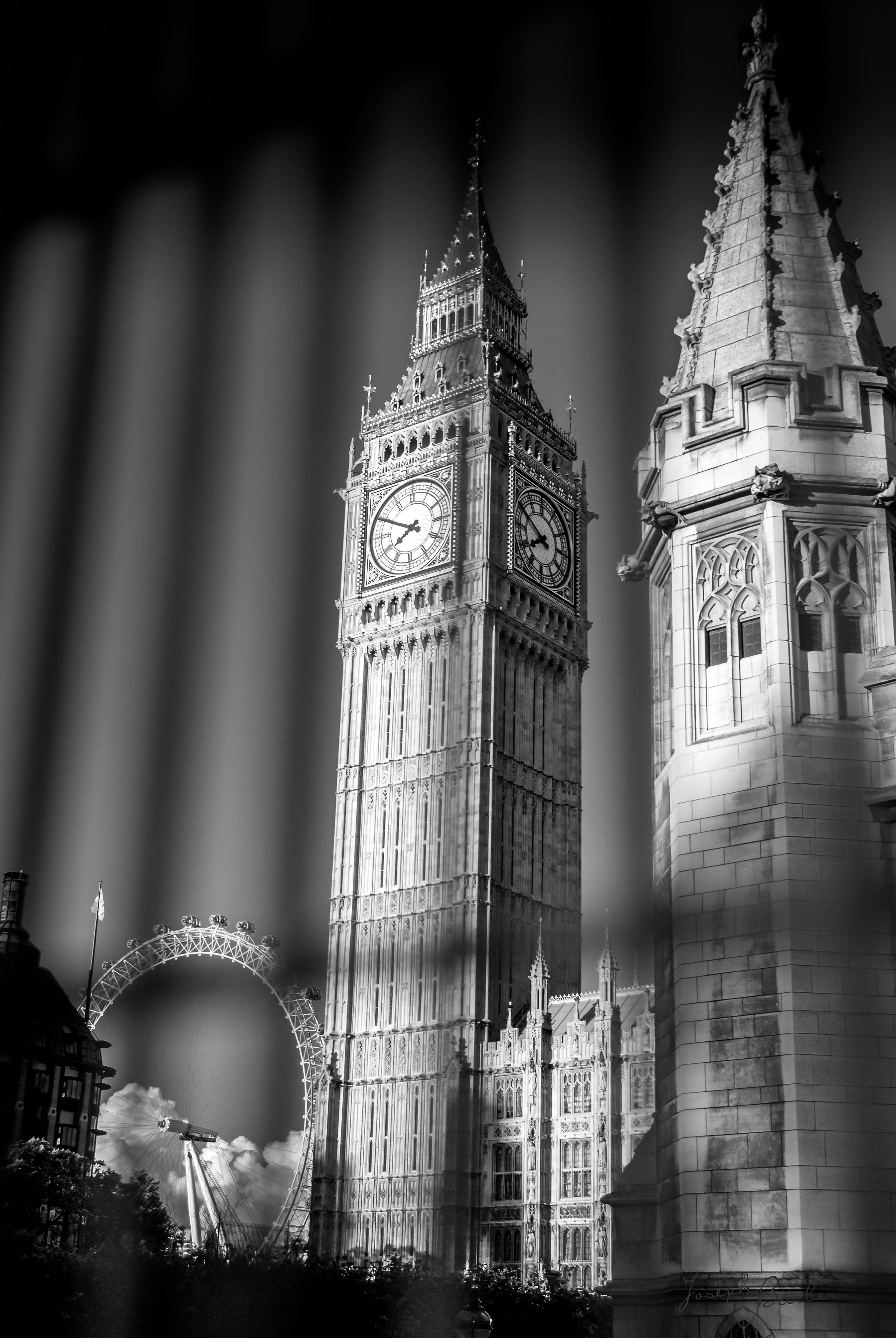 Series of dramatic black and white photos showing Big Ben and Westminster Palace at different angles.
